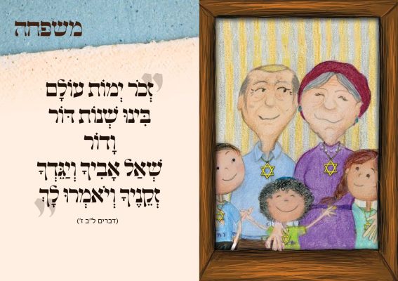 קלף ובו מצויירת משפחה. שעונדת על צווארה מגני דוד. בצד השני כתוב: משפחה. "זכור ימות עולם בינו שנות דור ודור. שאל אביך ויגדך זקניך ויאמרו לך" (דברים ל"ב, ז')